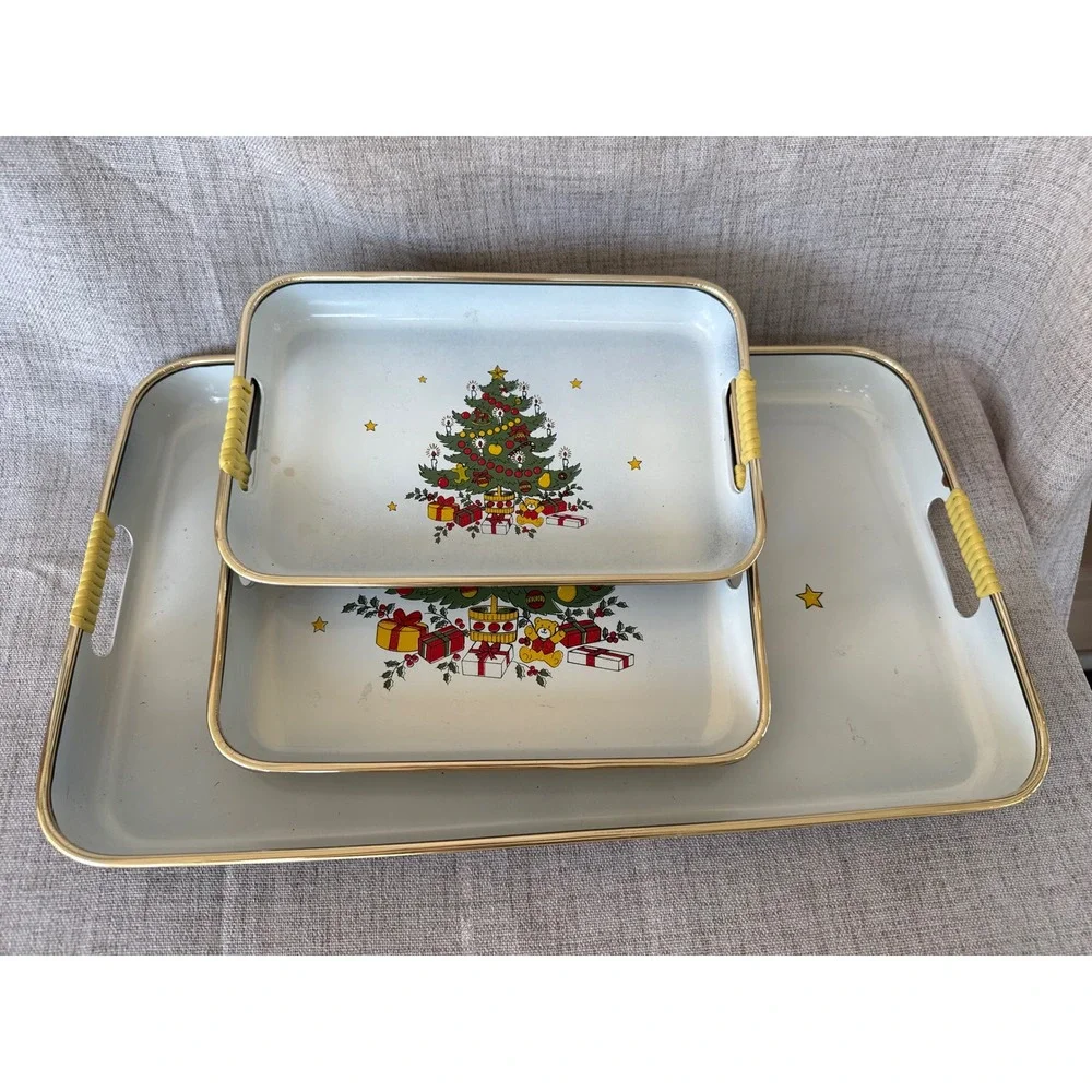 Vintage 3pc Christmas Tree Lacquerware Serving Tray Set Japan Gold Trim